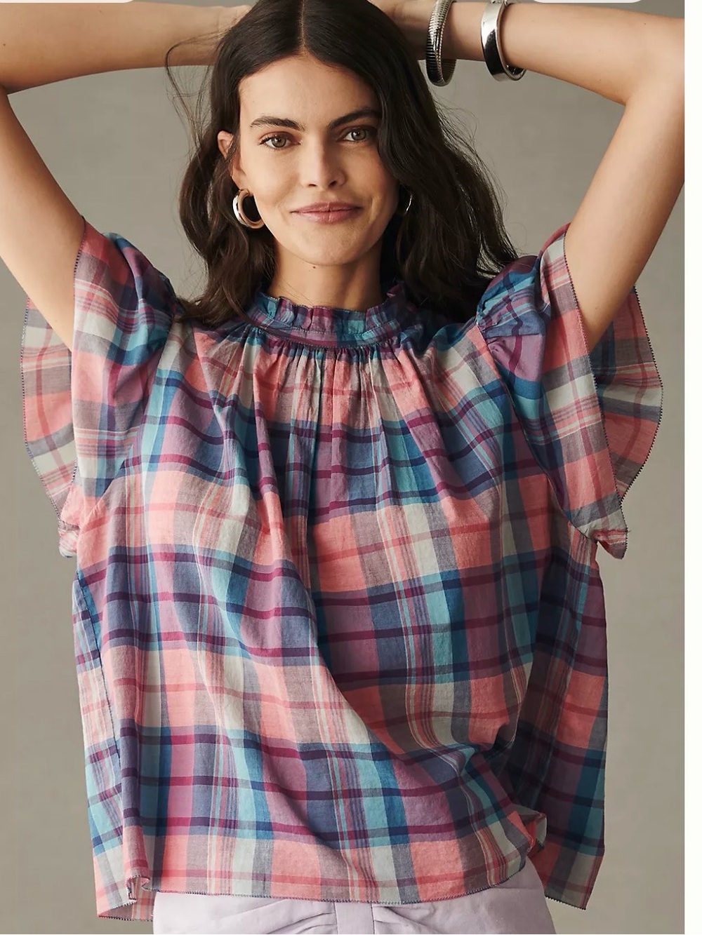 Trovata Birds of Paradis by Carla High Neck sorbetto plaid Blouse NWT Small